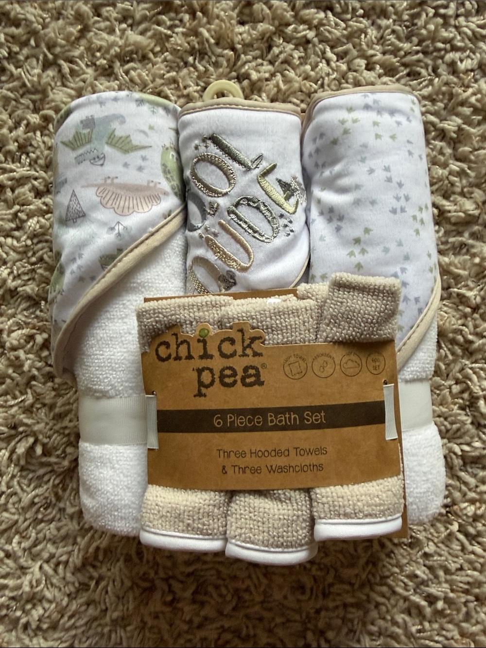 chick pea Beige & White 6-Piece Baby Bath Set with Hooded Towels